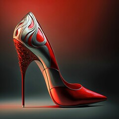 AI generated illustration of an elegant red and grey high heel, superwoman shoe
