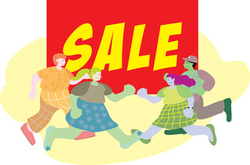GROUP OF PEOPLE RUN FAST AND HAPPY TO GET THE DISCOUNT SALES PRODUCT