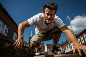 Fototapeta premium Parkour athlete in mid-jump over a set of railings, highlighting their athleticism, Generative AI