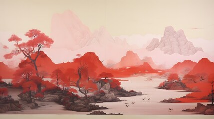 Paste up, lacquer painting, relief, minimalist composition Chinese landscape 