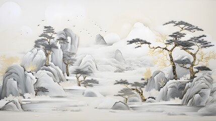 Paste up, lacquer painting, relief, minimalist composition Chinese landscape  - obrazy, fototapety, plakaty