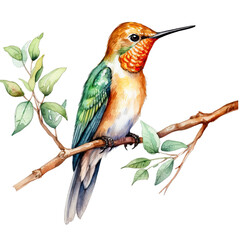 Fototapeta premium Hummingbird on a branch watercolor clipart on transparent background. Generative AI illustration
