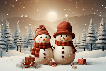 Fototapeta premium christmas tree decorations, santa claus with gifts, snowman in the snow, christmas gift boxes 