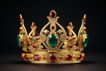 3d royal golden crown with red and green diamonds on isolated background. Textured king gold crown. 3d rendering illustration - obrazy, fototapety, plakaty