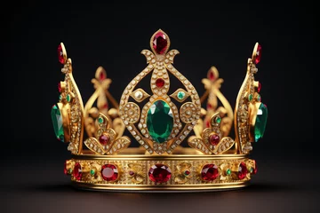 Fotobehang 3d royal golden crown with red and green diamonds on isolated background. Textured king gold crown. 3d rendering illustration © Robin