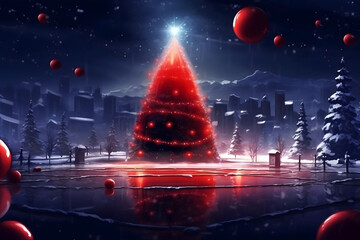 christmas tree decorations, santa claus with gifts, snowman in the snow, christmas gift boxes	