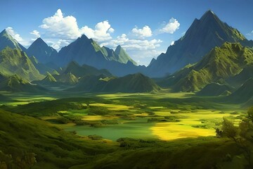 Fototapeta premium AI generated illustration of mountains on a sunny morning
