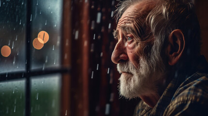 alone elderly man by a window with rain drops.