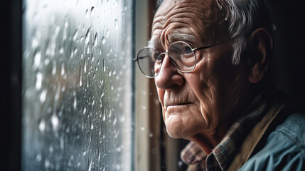 Fototapeta premium alone elderly man by a window with rain drops.