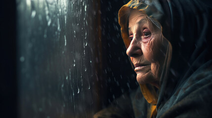 alone elderly woman by a window with rain drops.