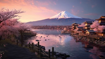 Photo sur Plexiglas Mont Fuji Beautiful japanese village town in the morning. buddhist temple shinto at sea river, cherry blossom sakura growing, mount fuji in background.