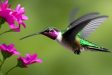 Fototapeta premium AI generated illustration of a hummingbird collecting nectar from flowers