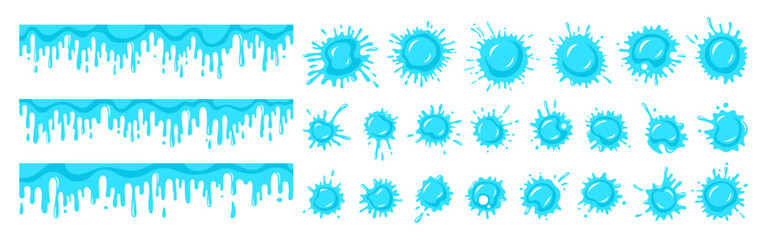 Water drops splash or splatter cartoon set. Stain and splat flat shapes dripping splatter liquids drop icon. Different blue aqua splashes and drops shape. Isolated elements vector illustration