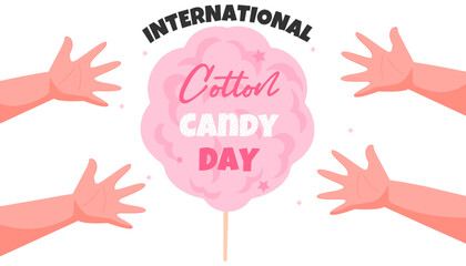International cotton candy day vector illustration. Candy floss cartoon illustration with children's hands on white background.