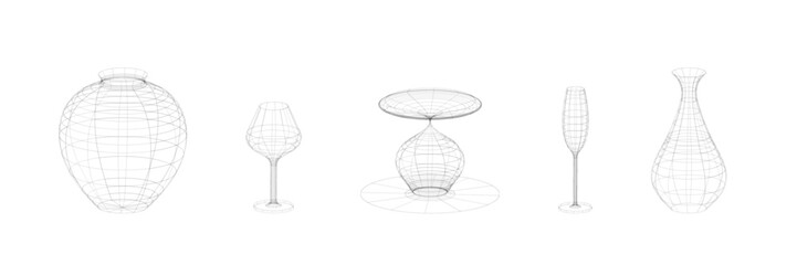 Set of geometric wireframe shapes in dark color on transparent background. Three-dimensional wireframes. Y2K. Vector illustration