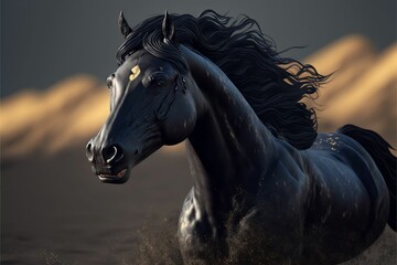 Obraz na płótnie Canvas AI generated digital art of a running black horse with a golden mark on the forehead