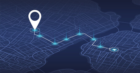 Dashboard with satellite, location and roadmap for navigation. Big data in modern city. Abstract city. Futuristic gps map navigator system, direction path, location tracks dashboard. Vector