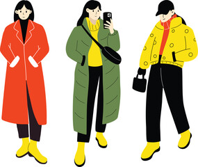 A diverse group of modern women wearing trendy winter clothes. Casual stylish city street-style fashion outfits. Hand-drawn characters and colorful vector illustrations.