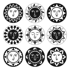 Sun with face abstract ornamental cartoon set. Ethnic boho style sunny smiling faces. Funny smiling suns various emotions cute icon. Warm sunshine shining beams. Cheerful vector isolated illustration