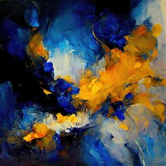 AI generated illustration of an abstract painting with blue and yellow paints