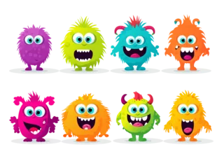 Fotobehang funny cute colorful party monsters standing side by side, vector set illustration © SachiDesigns