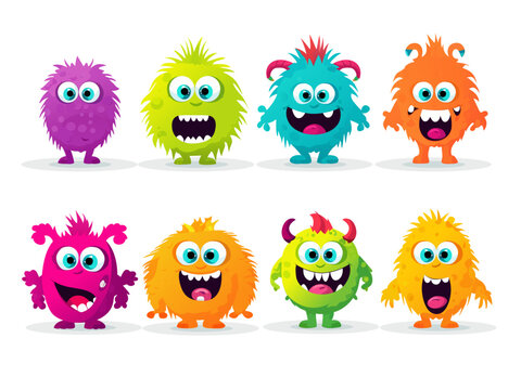 funny cute colorful party monsters standing side by side, vector set illustration