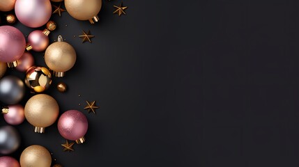 Naklejka na ściany i meble blach, pink and golden christmas balls on balck ground with space for text, elegant christmas background