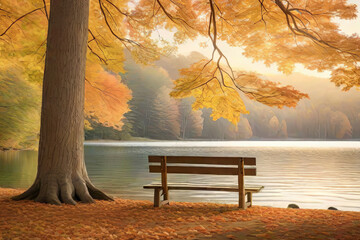 Tranquil Lake Scene Autumn Afternoon Realistic Photography - obrazy, fototapety, plakaty