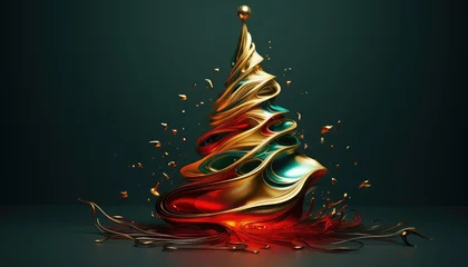 Gardinen christmas tree tangled distorted wave shapes, red green and gold on a green background © NAITZTOYA