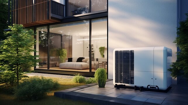 A residential structure has an air source heat pump installed.