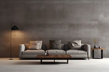 Modern living room gray concrete wall with sofa and lamp and table, in the style of dark gray and dark beige, minimalist background
