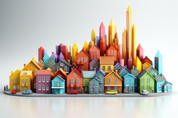 A collection of colorful miniature model homes of varying sizes, showcased against a clean white background, creating a visually appealing and dynamic composition. Photorealistic illustration - obrazy, fototapety, plakaty