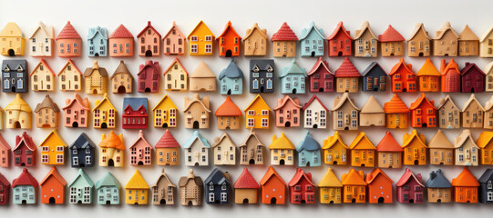 In a wide-format background image, an array of colorful miniature houses is arranged and suspended on a white wall, creating an artistic display. Photorealistic illustration