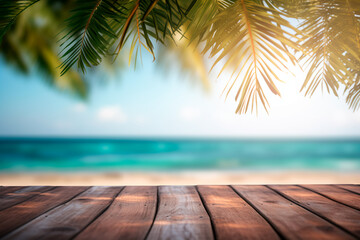 Abstract summer scene: a wooden table by the sea with blurred palm leaves and bokeh lights, creating a tranquil and atmospheric landscape. right image. 