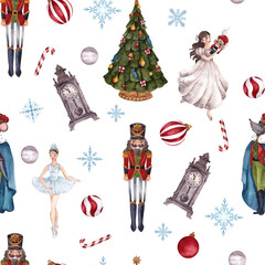 Watercolor Christmas seamless pattern with nutcracker, Christmas tree, clock, toys, floral, red flowers, branches, bells, isolated on transparent background, PNG files
