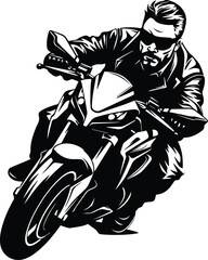 Biker In Leather jacket and Sunglasses Logo Monochrome Design Style