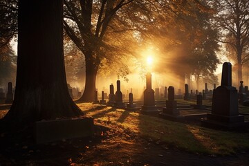 Gravestones in a cemetery at sunrise