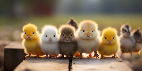 Little cute chicks with yellow heads surrounded their mom
