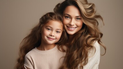 A loving mother and daughter hugging on beige background, wearing warm cloths.