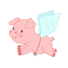 Cute piglet character flying with wings. Hand drawn vector illustration isolated on white background. Funny Farm animal for kids