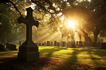 Gravestones in a cemetery at sunrise - obrazy, fototapety, plakaty
