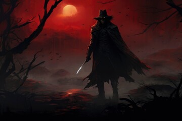 Fototapeta premium Evil spirits loom in the nocturnal haze, their presence betrayed by the sinister red glow that surrounds the vigilant silhouette of the hunter