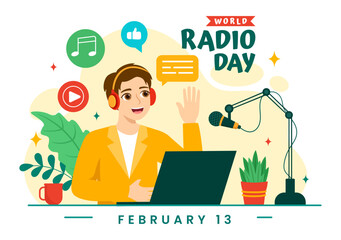 World Radio Day Vector Illustration on 13 February for Communication Media Used and Listening Audience in Flat Cartoon Background Design