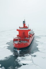 Icebreaker goes on the sea among the endless icy foggy desert.. Vertical photo.