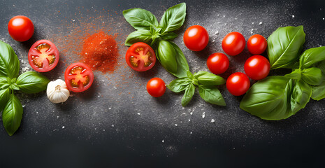 tomatoes and basil on a wooden board  ai generative