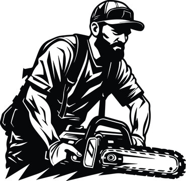 Lumberjack With Chainsaw Logo Monochrome Design Style