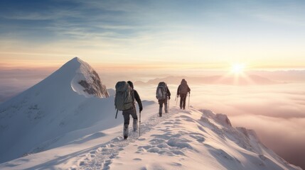 Group of hikers on snowy mountain pick at winter - obrazy, fototapety, plakaty