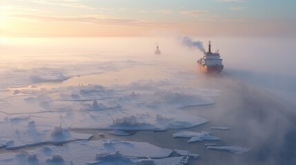 Icebreaker goes on the sea among the blue ice at sunset, aerial view. Endless icy foggy desert.