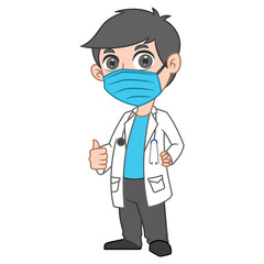 Doctor cartoon character with mask and hand thumb. Medical health care banner design with background. Medical colleagues hospital staff