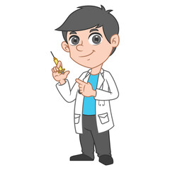 Doctor cartoon character with inject medicine. Medical health care banner design with background. Medical colleagues hospital staff
